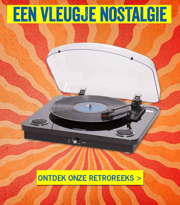 Retroartikelen zoals retromultimedia, retro-interieur, retrokeukenartikelen
