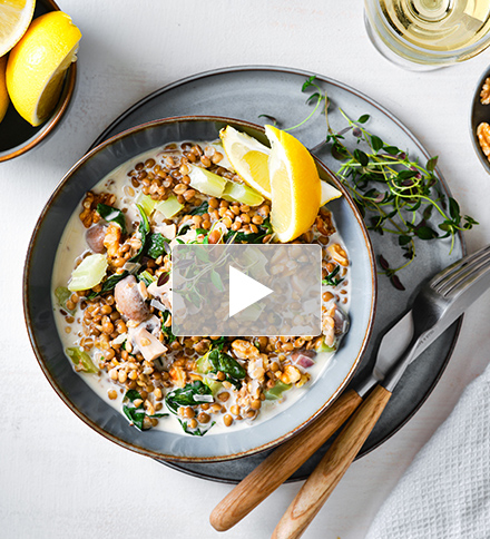 Romige linzotto met champignons, selder en spinazie
